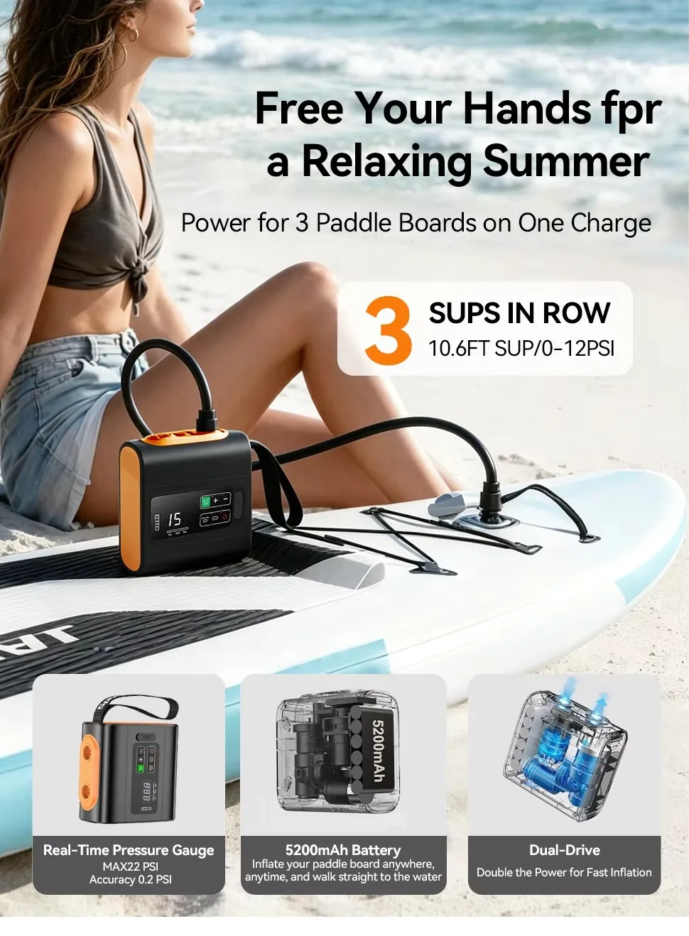 SUP-Pumpe 22PSI Hochleistungs-Outdoor-Campingpumpe für Luftmatratzen, Kajaks, Paddel, Kabellose Tragbare Elektrische Outdoor-Luftpumpe – Detail 1