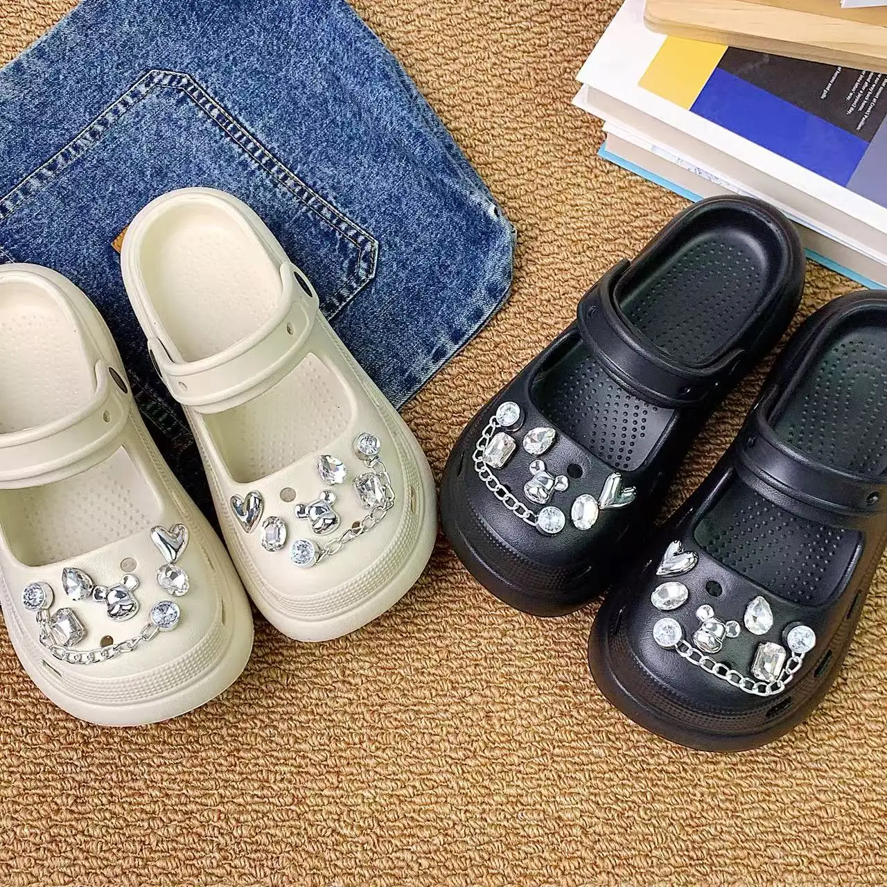 Women's Fashion Clogs with Rhinestones, Handmade DIY Clogs, Finished Women's Shoes, Summer Chain-Decorated Slippers, Trendy on Instagram