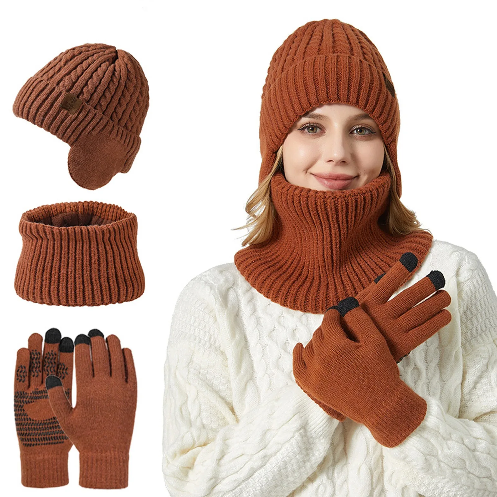 Chapéu de malha de proteção de ouvido de pelúcia para senhoras, luvas touch screen, roupas quentes espessadas, 3 pcs, inverno