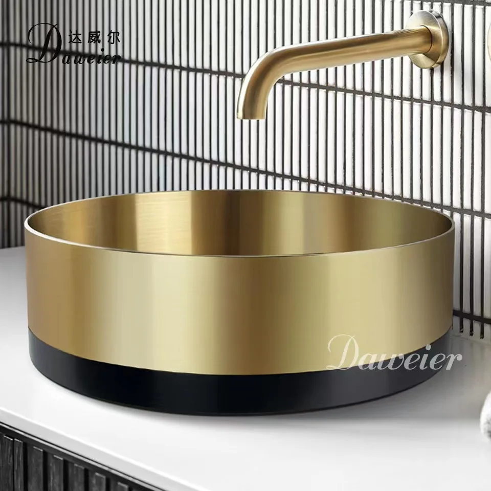 Top Quality SUS304 Stainless steel wash basin Brushed Gold and Black 400mm Bathroom hand basin Round washbowl Luxury Bath sink