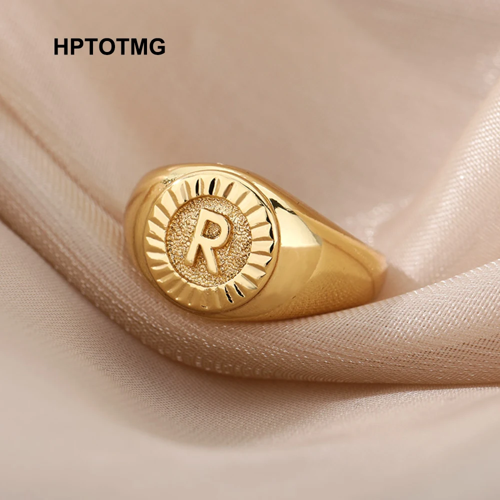 Initial Letter Signet Rings for Women Gold Color Stainless Steel Adjustable Ring Vintage Aesthetic Wedding Jewelry bague femme