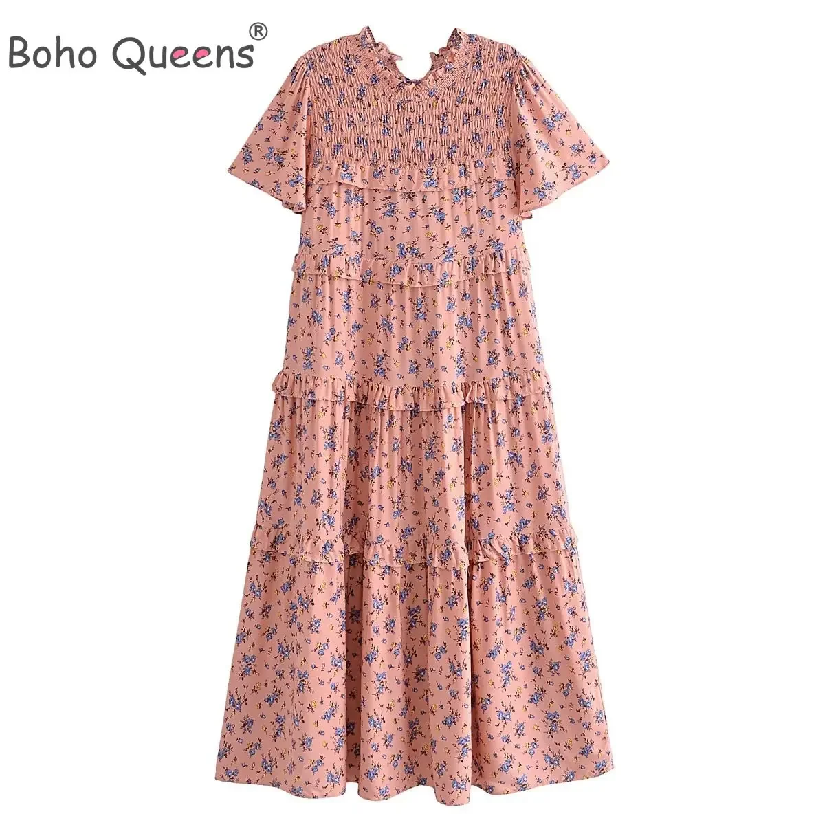 Boho Queens Happie Women Floral Print  Ruffles Beach Bohemian Midi Dress Vintage Lady Rayon Cotton Ethnic Robe Vestidos