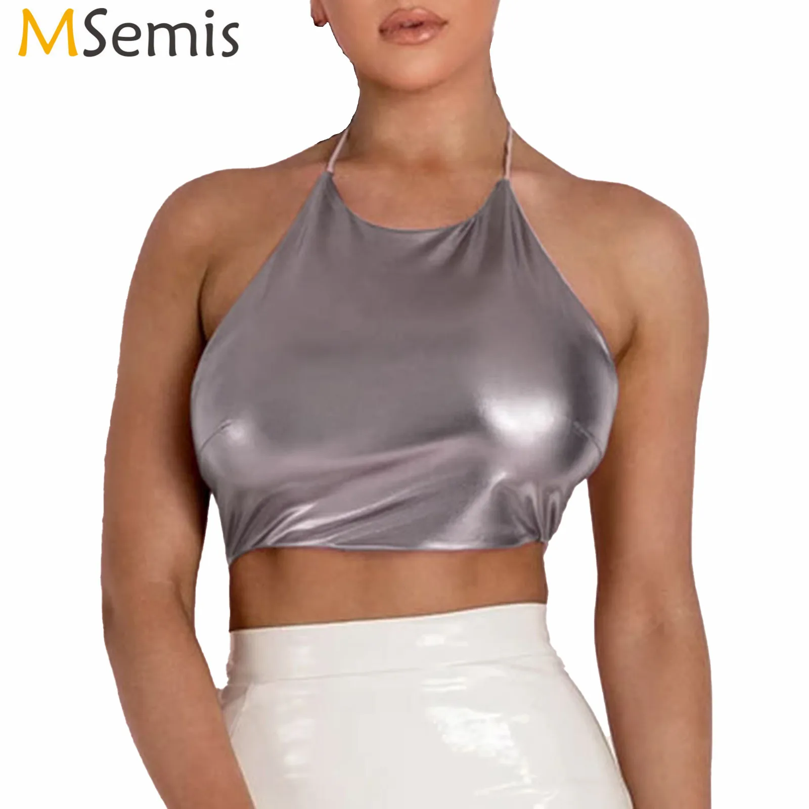 Women Sexy Wetlook Metallic Crop Top Shiny Halter Backless Lace-up Holographic Cami Tank Top Rave Dance Vest Top Party Clubwear