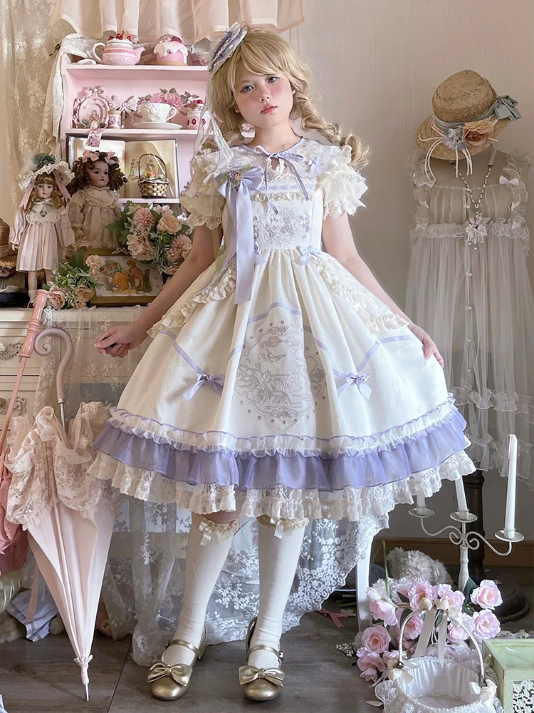 Japanese Sweet Lolita Dress Soft Girl Cute Cartoon Cat Print Jsk Lolita Dress Women Harajuku Chic Lace Tulle Bow Tea Party Dress