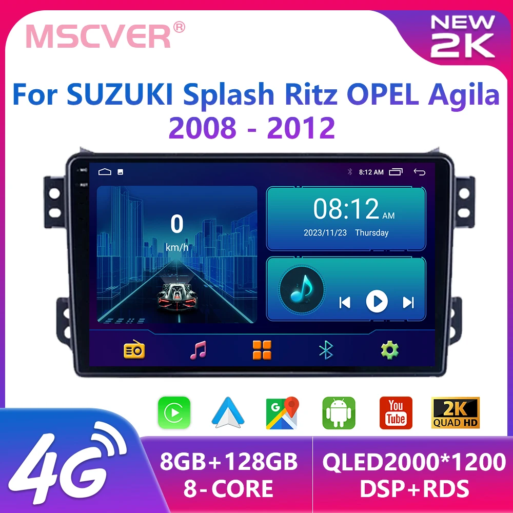 

2K Android 13 Auto Carplay Car Stereo For Opel Agila Suzuki Splash Ritz 2008-2014 Multimedia Player Head Unit 2 Din DVD WIFI 4G