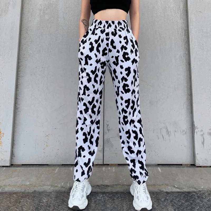 

Sports Casual Milk Cow Zebra Print Flare Pants Women Street Indie Fashion Loose Long Pants Length Spring Summer Trousers 2021