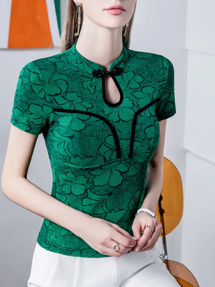 New Chinese Style Stand Up Collar Printed Lace T-Shirt Short Sleeved 2025 Summer Slim Fit Button Hollow Women's Top