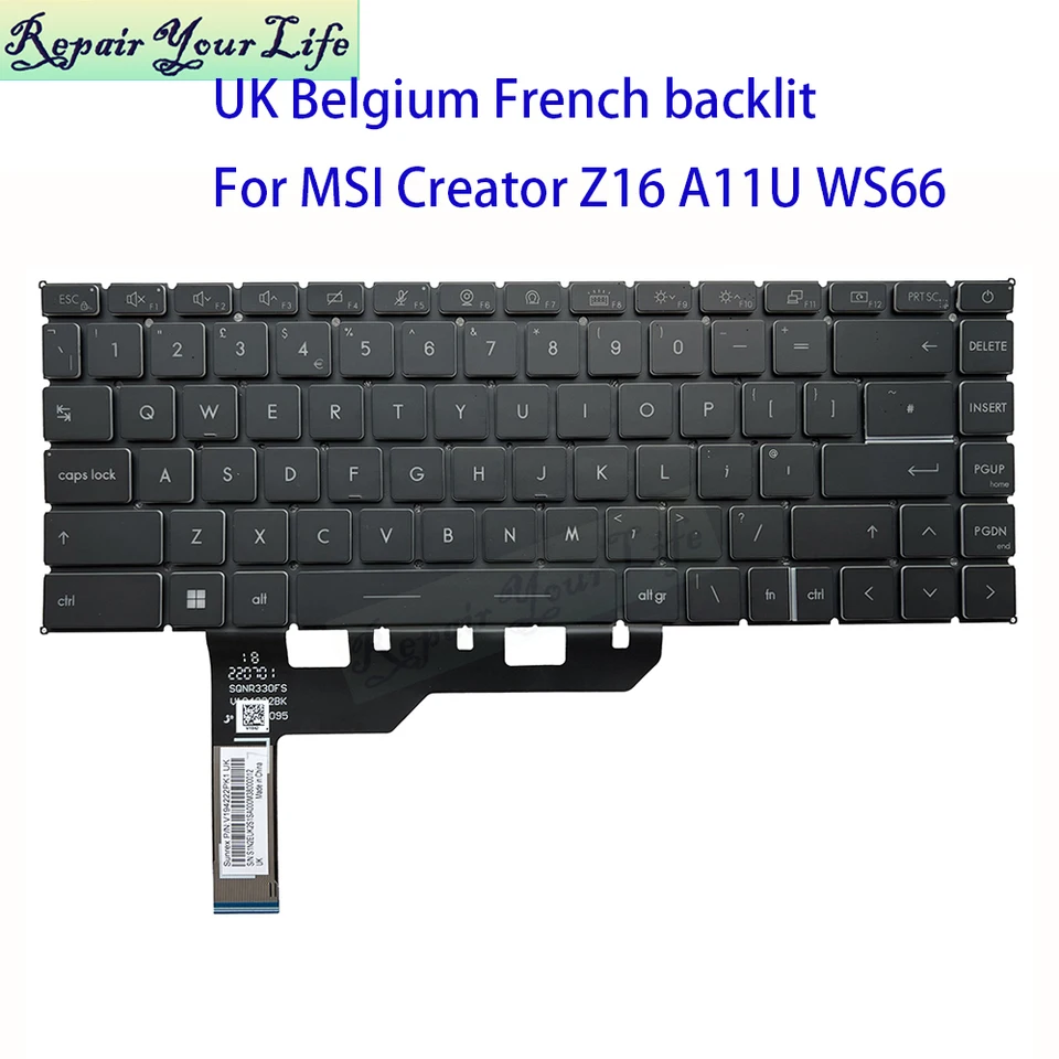 UK French AZERTY Belgian Backlit Keyboard For MSI WS66 Creator Z16