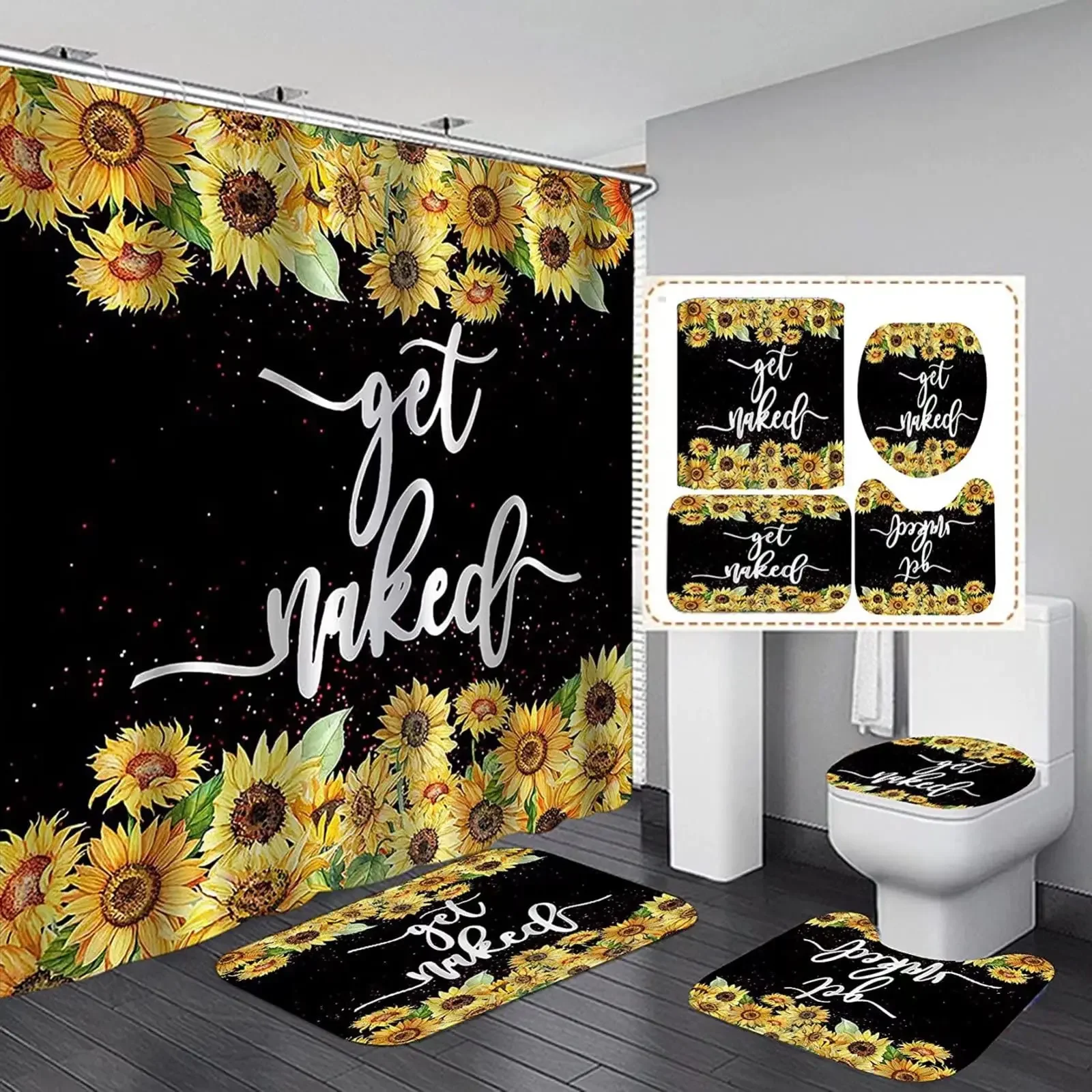 Get Naked Sunflower Shower Curtain Set Floral Green Country Bathroom Curtain Set Non-Slip Rug Bath Mat Toilet Lid Cover Home Set