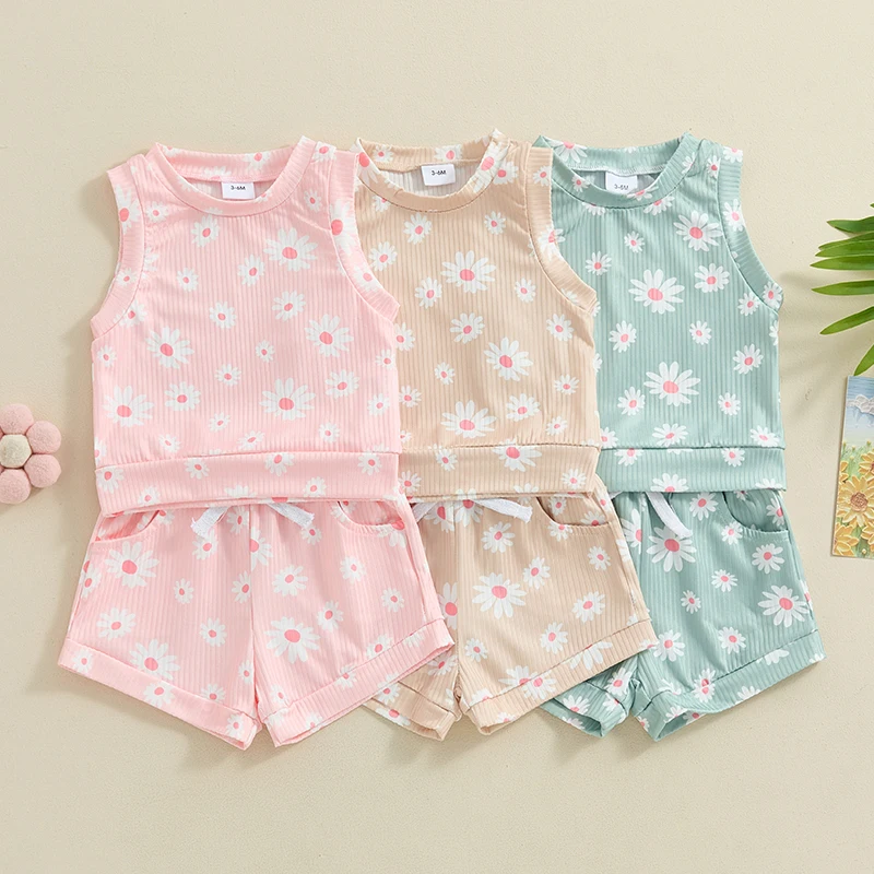 

2024-03-19 Lioraitiin 3-24M Baby Girl Summer Outfit Daisy Print Round Neck Tank Tops with Elastic Waist Shorts 2 Pcs Clothes