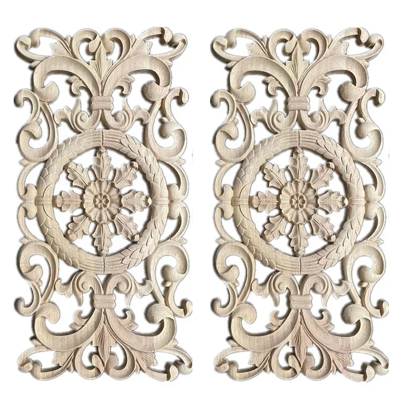 2PCS Wood Carving Natural Wooden Appliques Door Furniture Cabinet Decorative Unpainted Wooden Mouldings Decal Vintage Home Decor