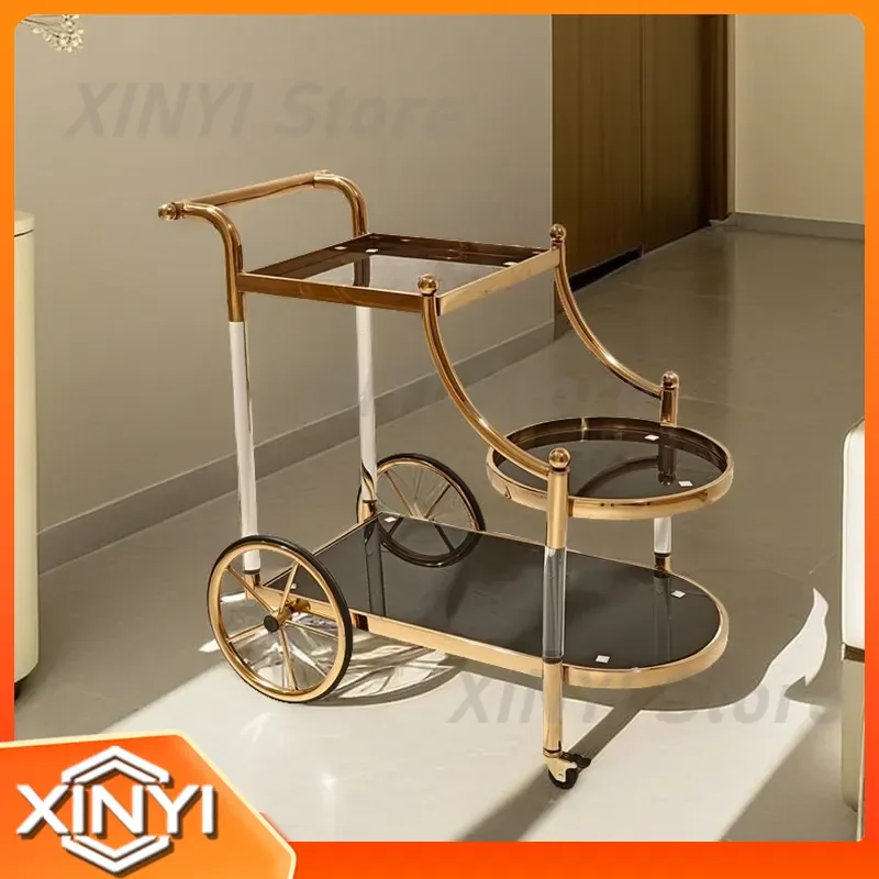 Stainless Steel Light Luxury Dining Cart Mobile Three-Layer Storage Rack Trolley for Hotel Restaurant Wine Service
