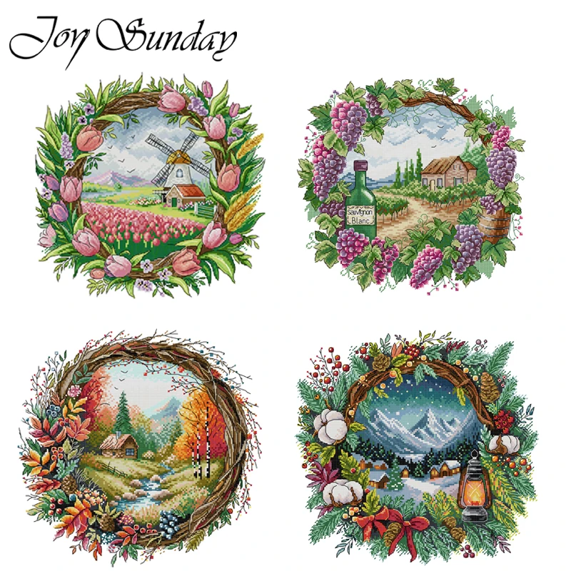 

The Four Seasons Scenery Series in The Wreath Cross Stitch Kit Pure Handmade Sewing Embroidery Painting HD Stamped Fabric