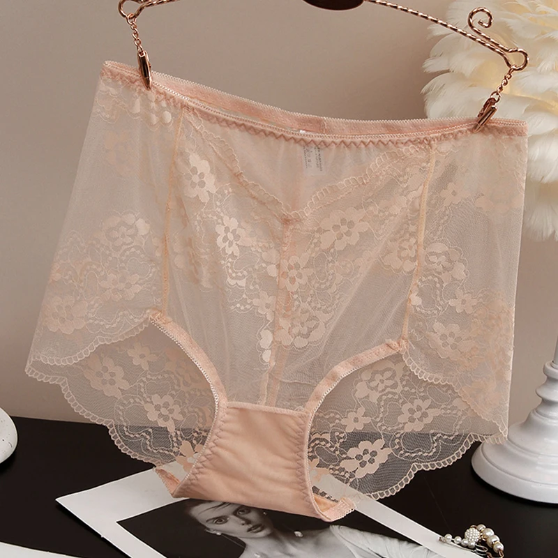 Sexy Lace Panties Women Large Size High Elastic Mesh Breathable Seamless Underwear Mid Waist Cotton Crotch Transparent Brief C49