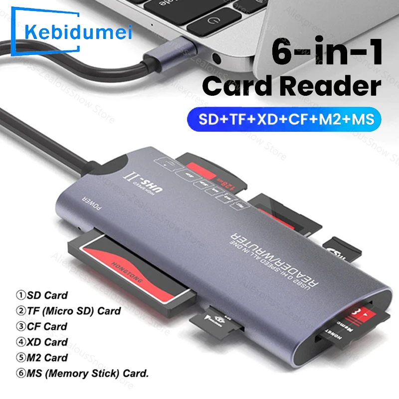 

KEBIDUMEI 6In1 USB Type-C Card Reader SD TF CF MS XD M2 Memory Card Reader High Speed Data Transfer Adapter For Cameras Computer