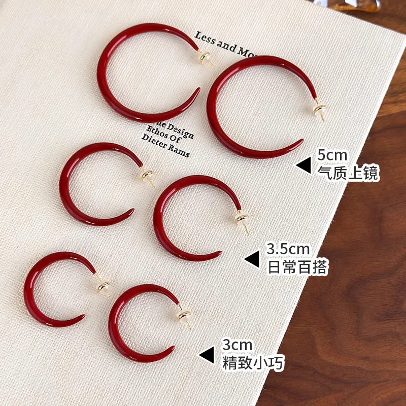 Festive Red Enamel Hoop Earrings Face Slimming Design for Round Square Face Vintage Lightweight Daily Commute