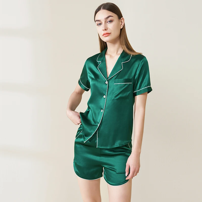 

19MM Real Heavy Mulberry Silk Women Casual Short Sleeve Pajamas Sleepwear Button Up Lapel Collar Top & Shorts Pajamas Set Nighty
