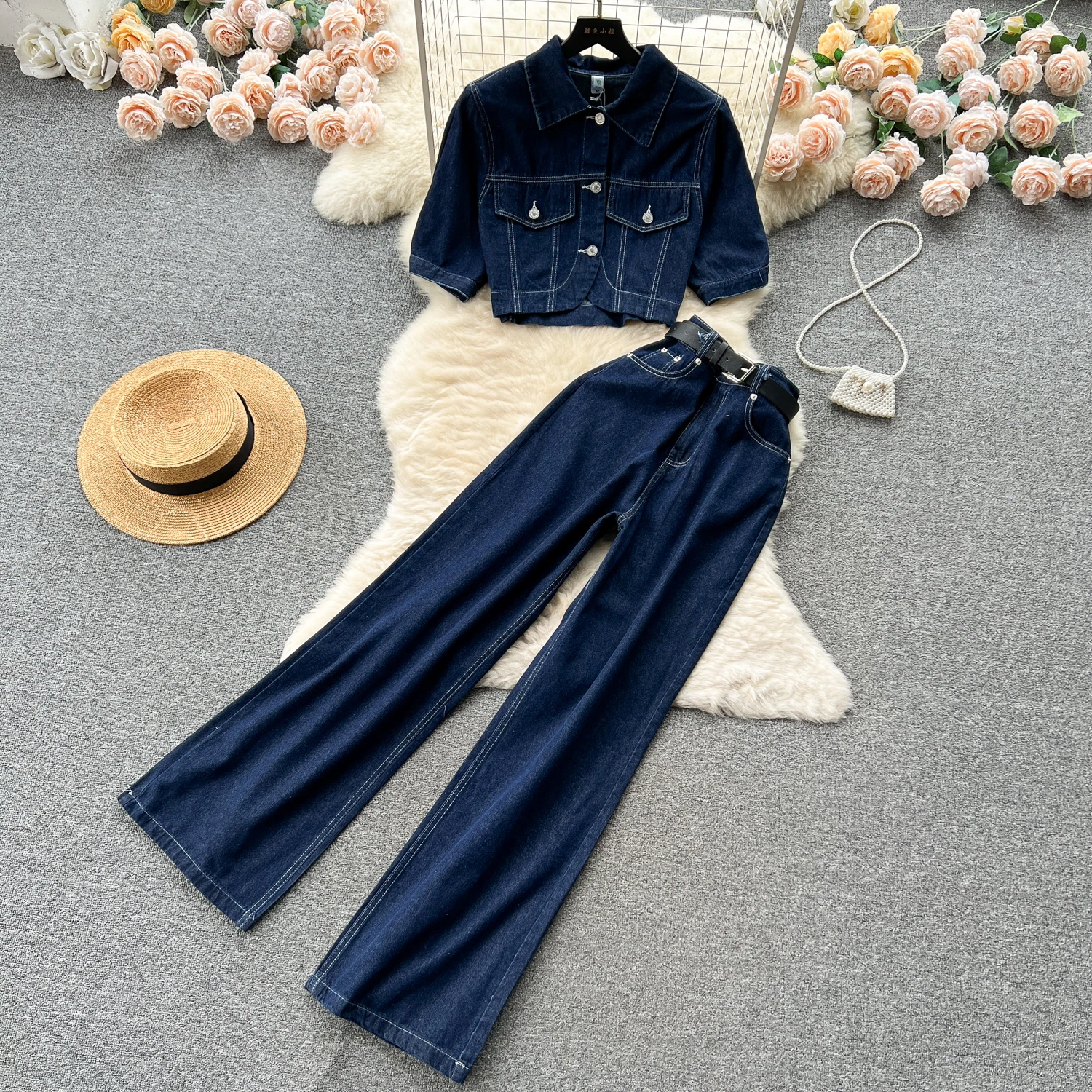 

Retro Spicy Girl Deep Blue Denim Suit Women's Summer Short Single breasted Coat+High Waist Wide Leg Pants Vintage Two Piece Sets