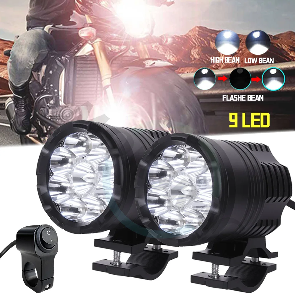 Extra Lights Motorcycle Headlights High/Low/Strobe Long Range Additional Motorbike LED Spotlights Moto Auxiliary Fog Lights Lamp