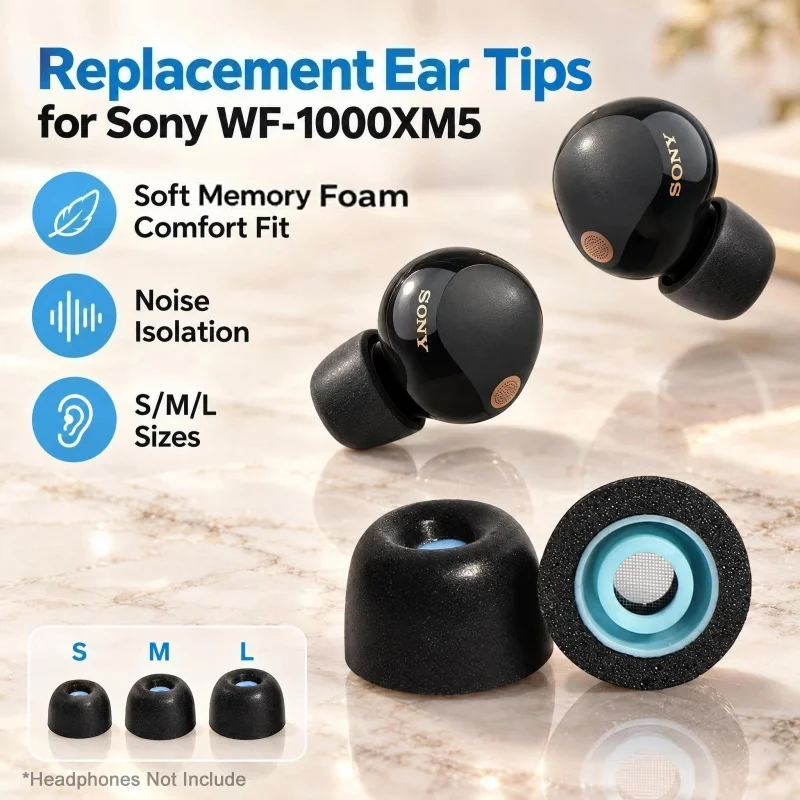 Foam Eartips for Sony WF-1000XM5 Headphones Polyurethane Memory Foam Earbuds Tips High Sound Insulation and Anti-Slip Ear Tips