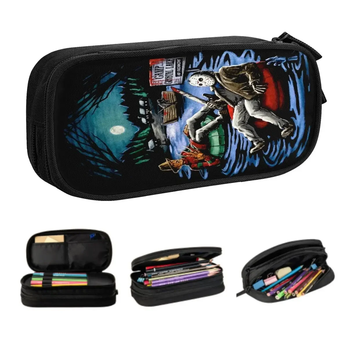 Bonito filme de terror personagem assassino lápis casos para meninas meninos grande armazenamento filme de halloween lápis bolsa material escolar