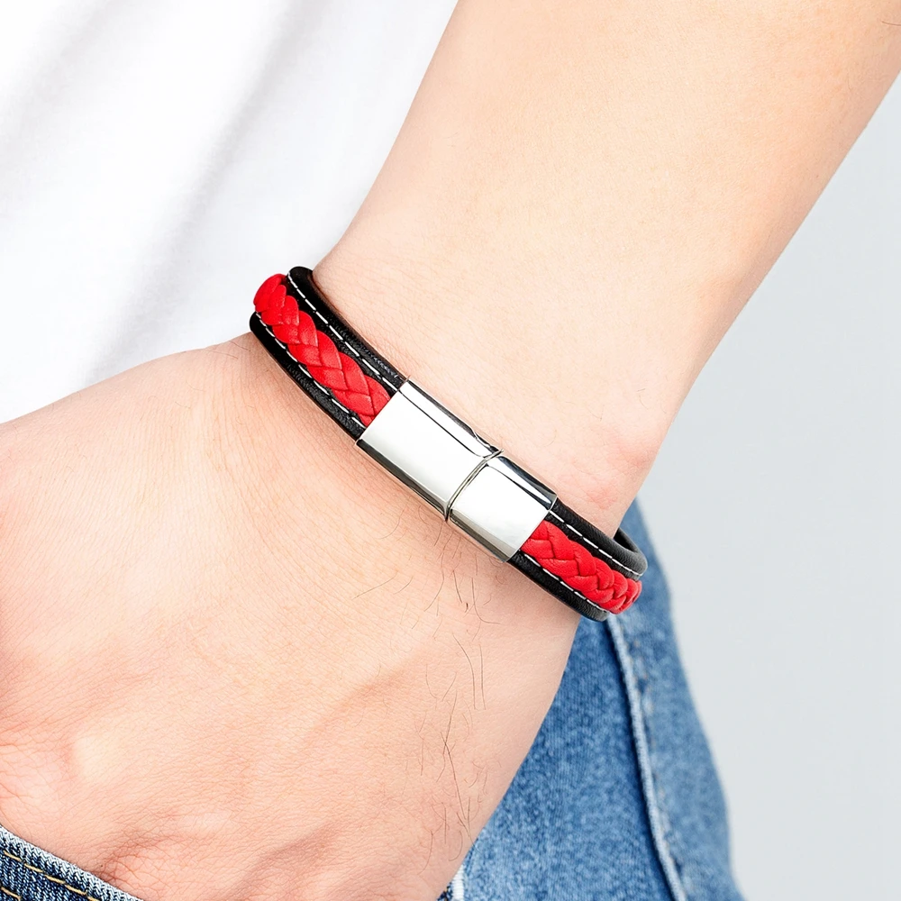 XQNI Black & Red Braided Rope Leather Bracelet Men Stainless Steel Charm Jewelry Bangle for Friend Couple Birthday New Year Gift