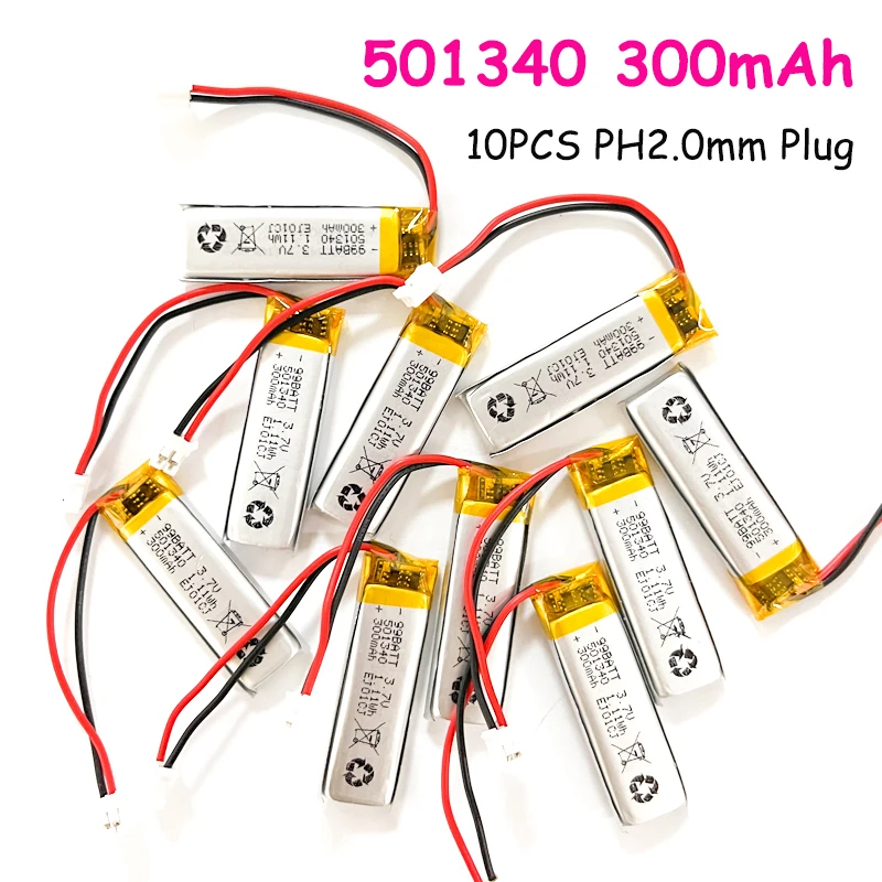 10 Stück 501340 Lipo-Akku 3,7 V 300 mAh Lithium-Ionen-Polymer-Akkus für LED-Licht, MP3, MP4, elektrisches Spielzeug, TWS Bluetooth-Kopfhörer