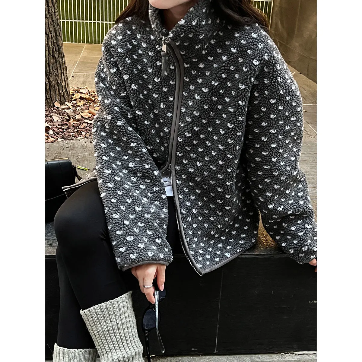 Vintage Polka Dot Lamb Wool Stand-up Collar Top Warm Women's Winter New Double Zipper Jacket 2025