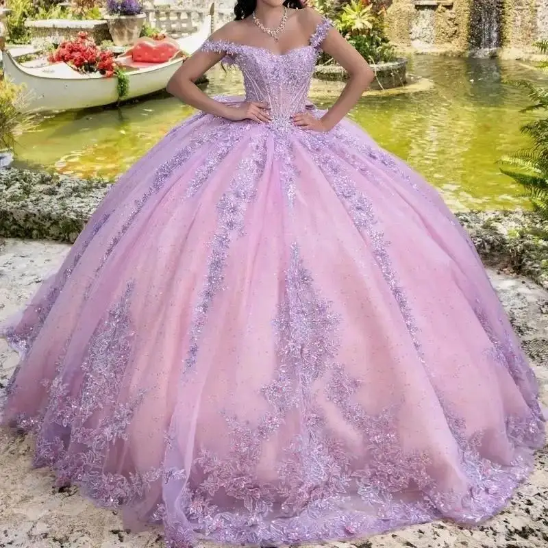 

Pink Shiny Ball Gown Quinceanera Dresses Off The Shoulder Sequin Appliques Lace Bow Beaded Crystal Tull Sweet 16 Dress Vestido