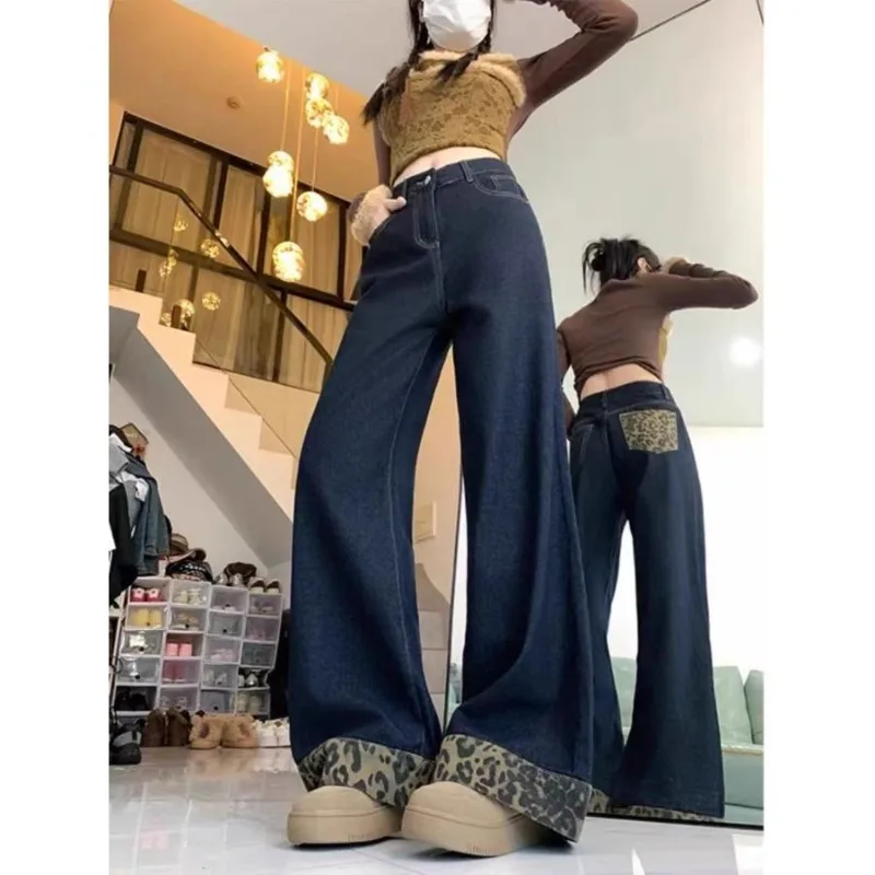 New Spring and Autumn Women's Leopard Print Jeans, Plus-size and Plump Girls Retro Floor-length Loose Slimming Wide-leg Pants