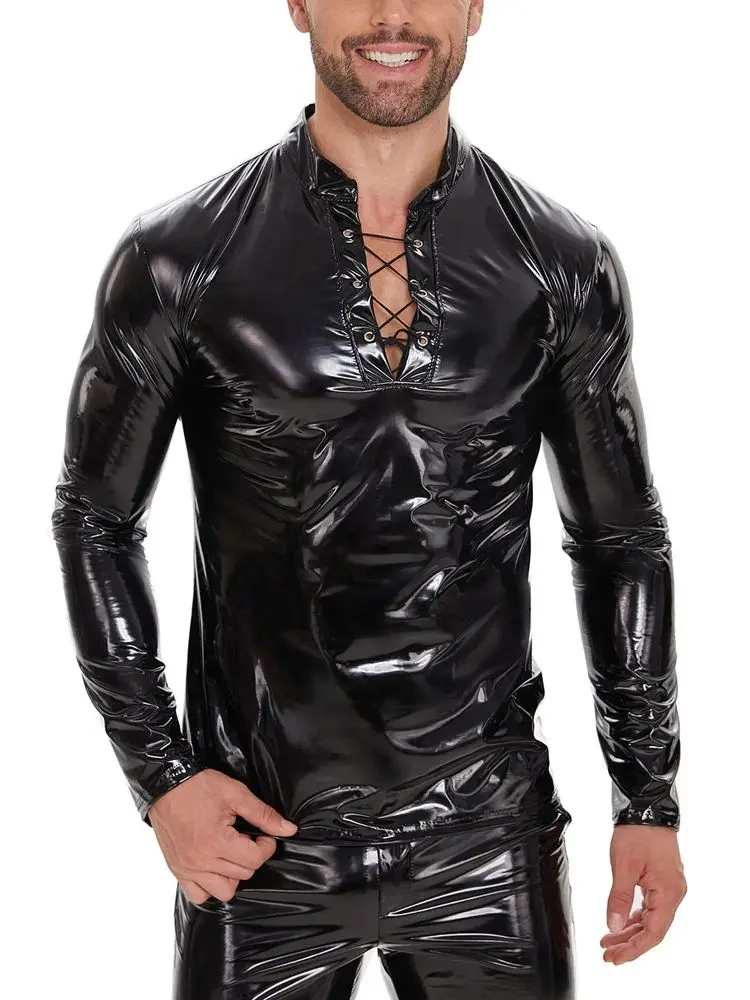 S-7XL Wet Look PVC Long Sleeve T Shirt Men Bandage Shiny PU Leather Hip Hop Gothic Tshirt Tights Sexy Clubwear Hot Shapers Body