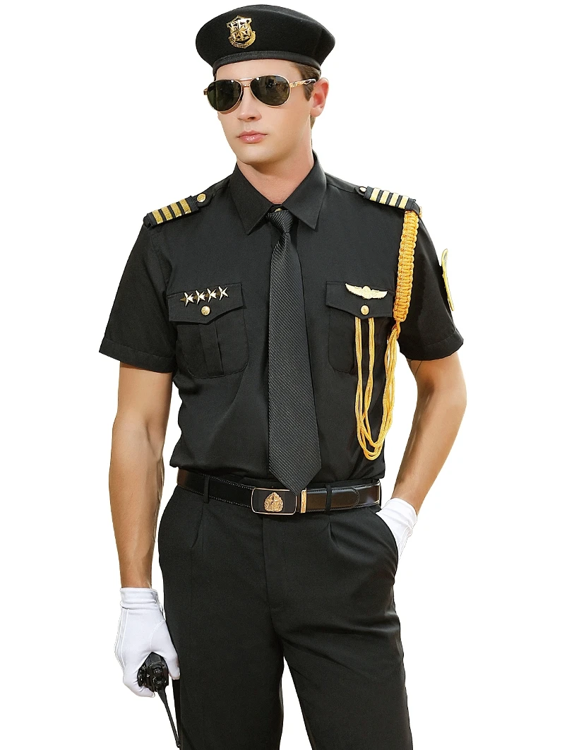 Summer New Security Uniform Black Long Short Sleeve Shirt Overalls Suit Men Captain Pilot Shirts Business Outdoor Shirt