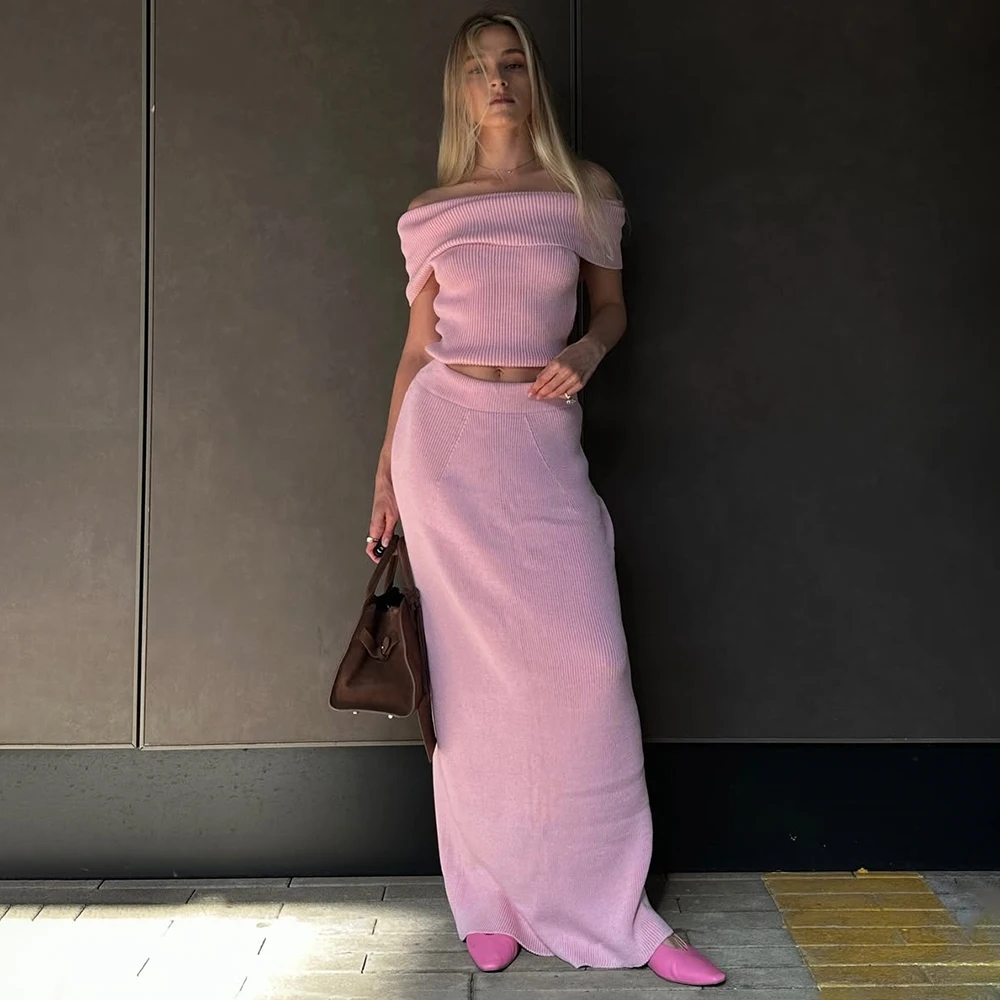 

Ticketsx Solid Knitted Skirt Set Women's One Shoulder Sleeveless Navel Expose Top Slit Skirt Set Female Evening Party Skirt Sets