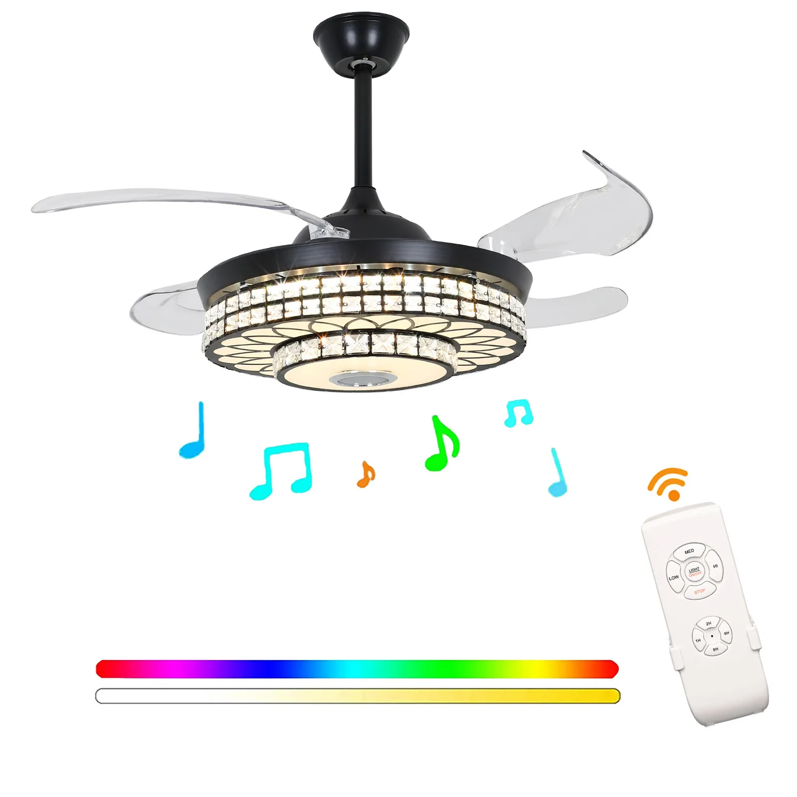

42" Retractable Ceiling Fan w/ Light & Bluetooth Speaker Dimmable LED Chandelier