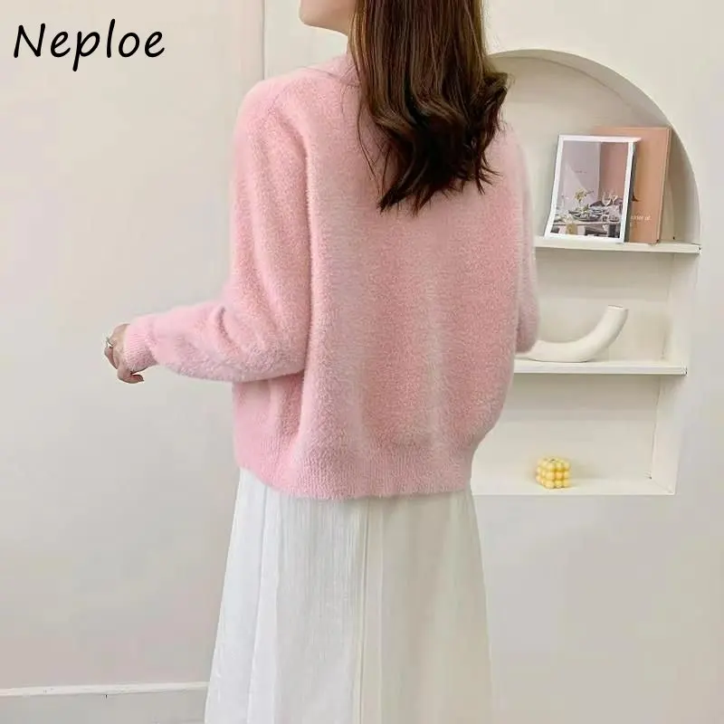 Neploe V Neck Solid Color Long Sleeve Outerwear Autumn Winter Vintage Sweater Jacket Beading Shiny Single-breasted Cardigan Y2k