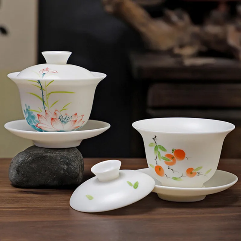 140m Chinese Handmade Ceramic Gaiwan Suede Jade Porcelain Tea Tureen Hand-painted Flowers Teacup Tea Bowl Travel Teaware