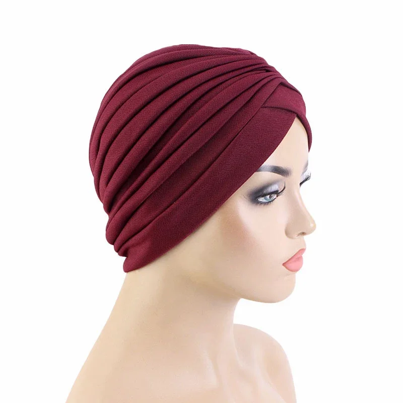 Indian Turban Women Muslim Inner Hijab Beanies Bonnet Pleated Chemo Cancer Hat Hair Loss Headscarf Headwear Hats Turbante Mujer