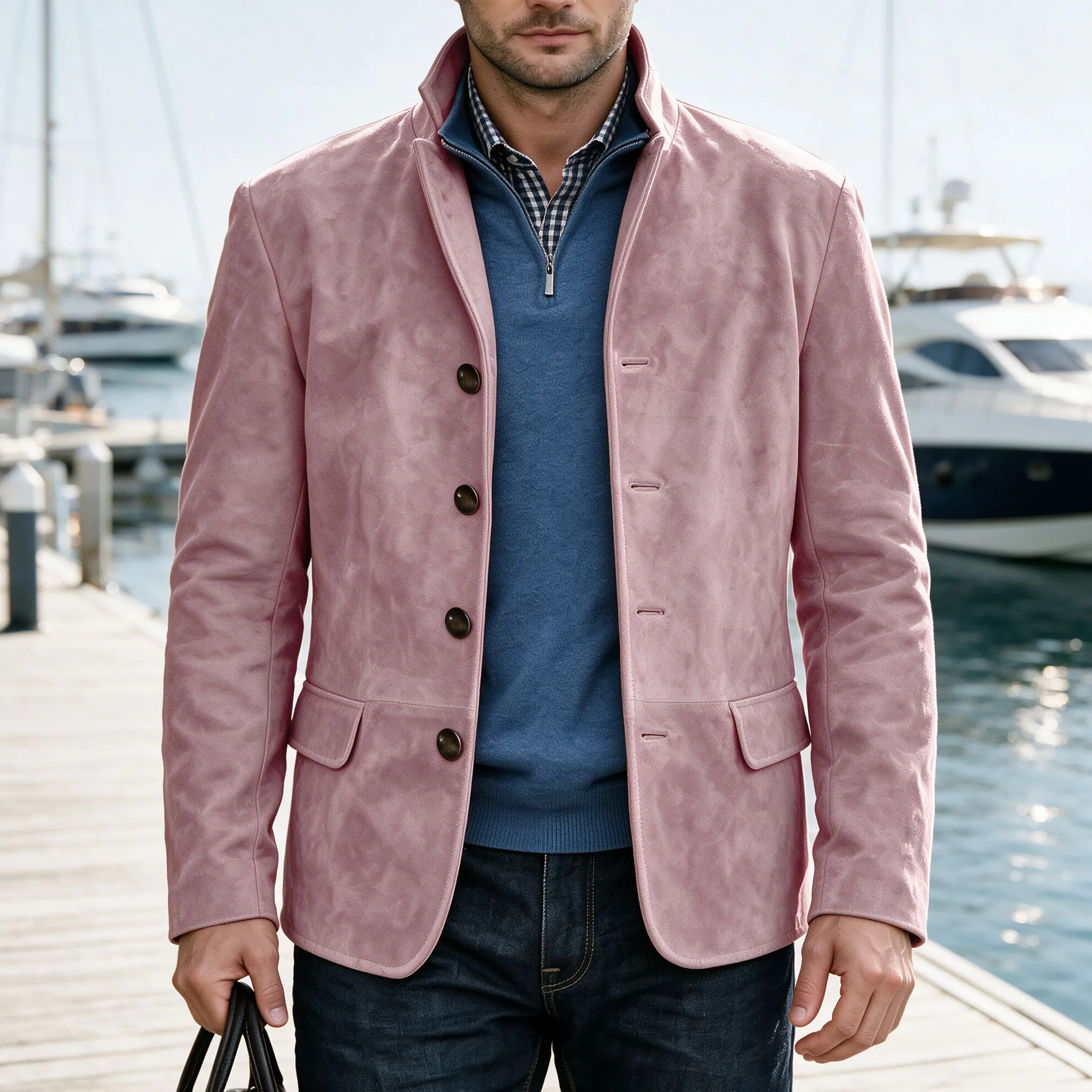 Vintage Men's Suede Suit Jacket Stand Collar Slim Fit  Soft Casual Blazer High Quality Fashion Sport Coat Daily Wear Date Night