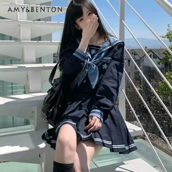 2024 New Japanese Original Sailor Outfits JK Uniform College Style Dark Blue Soft Long Sleeves Top Mini Skirt Basic Set For Girl