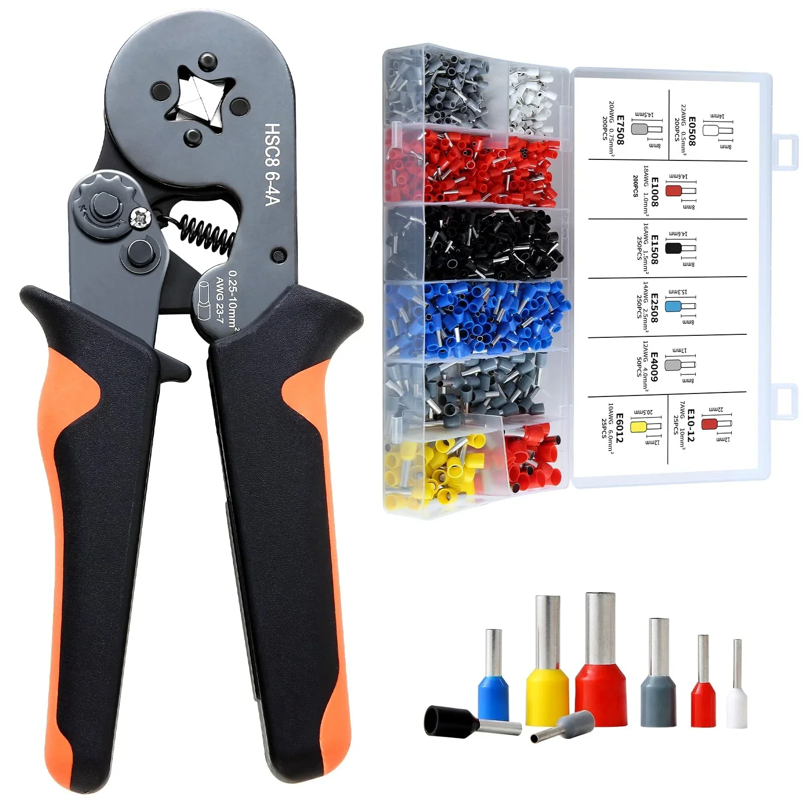 Self-Adjustable Ratchet Ferrule Crimping Tool Kit 23-7AWG 0.25-10mm² Crimper Kit with 1200pcs Ferrule Sleeves Wire Terminals