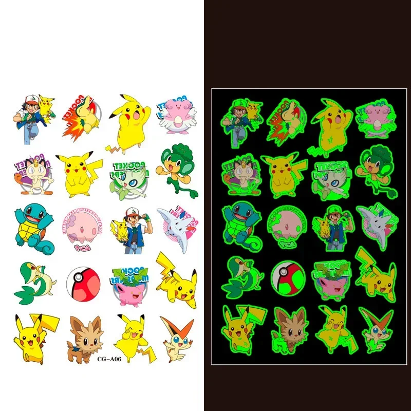 Adesivo de tatuagem Pokémon luminoso para crianças, Pikachu, braço, rosto, corpo, homem de ferro, Hulk