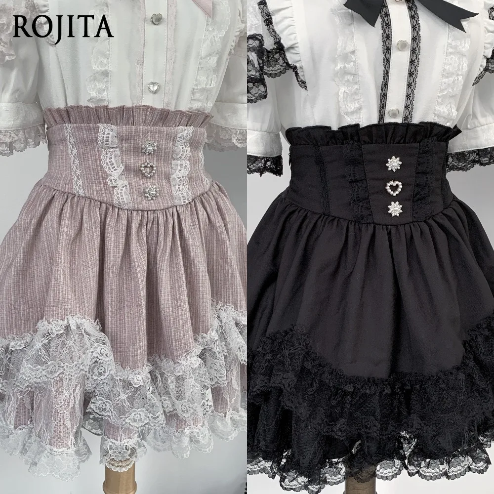 Pink Stripe & Solid Black High Waist Lolita Skirt Rhinestone Heart Flower Buttons Double Layer Lace Hem A-Line Mini Skirt