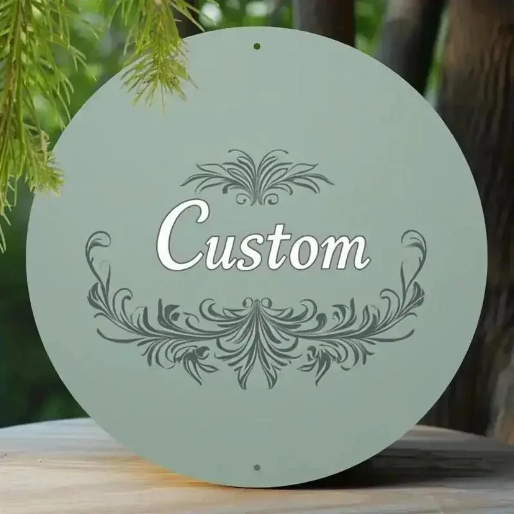 CIFbuy Custom Text Round Metal Sign,Sage Green Elegant Scroll Wall Decor (Only For Decoration)