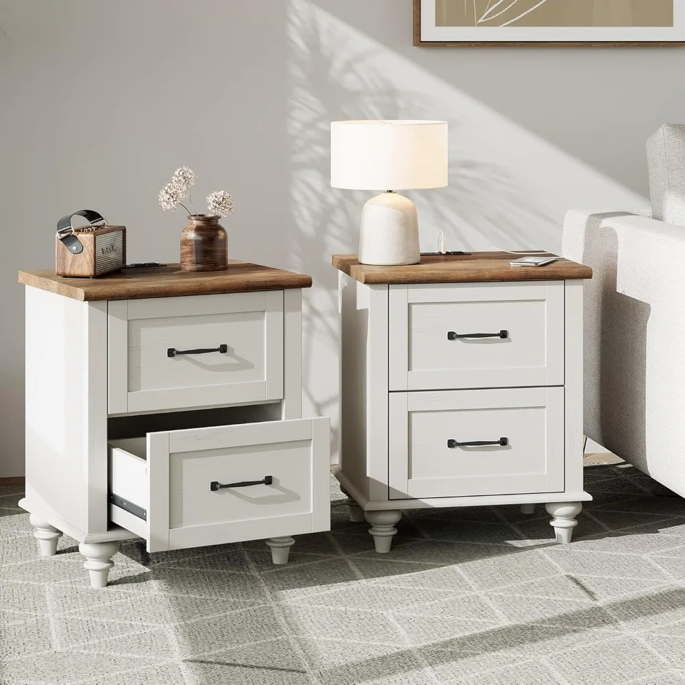 Set of 2 Night Stands with 2 Drawers, Mid-Century Modern Nightstands with Charging Station, Off White Bedside Table Wooden