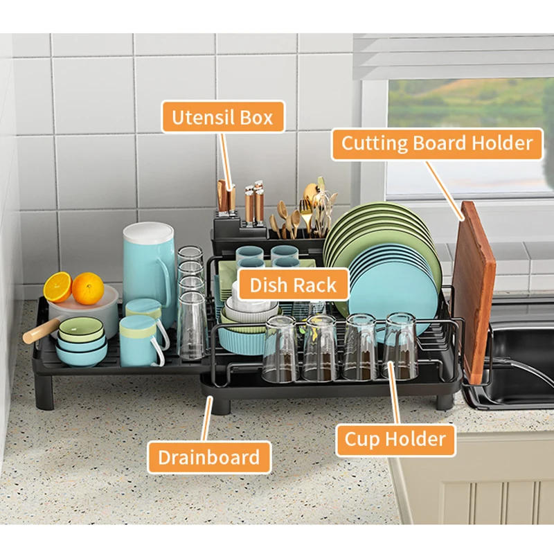 dish drying rack,Cutlery rack with drain tray and spout,Knife, fork and chopstick holder,Retractable dish storage rack