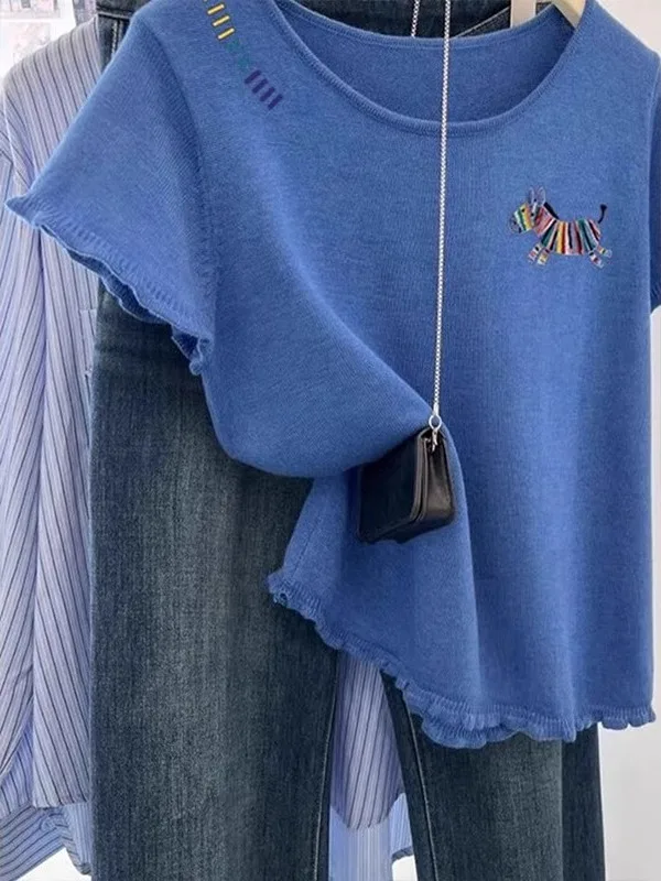 

Летняя женская футболка ort Sve с вышитым принтом, тонкий, приятный для кожи, небольшой топ с текстурой копыта