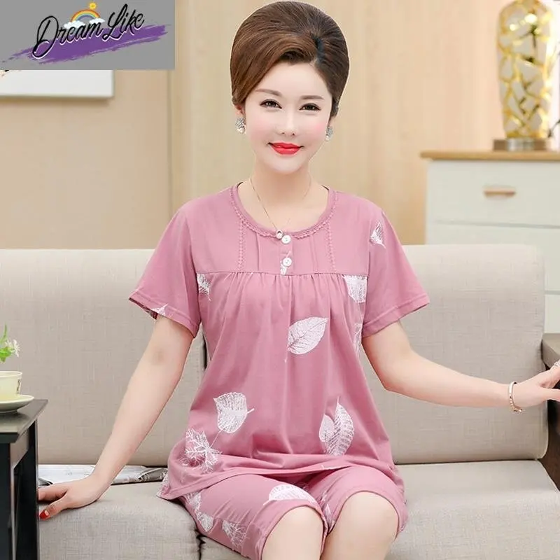 純綿半袖パジャマセット-中年および高齢者の女性向け-夏用-軽量で快適なホームウェア-ママスタイル