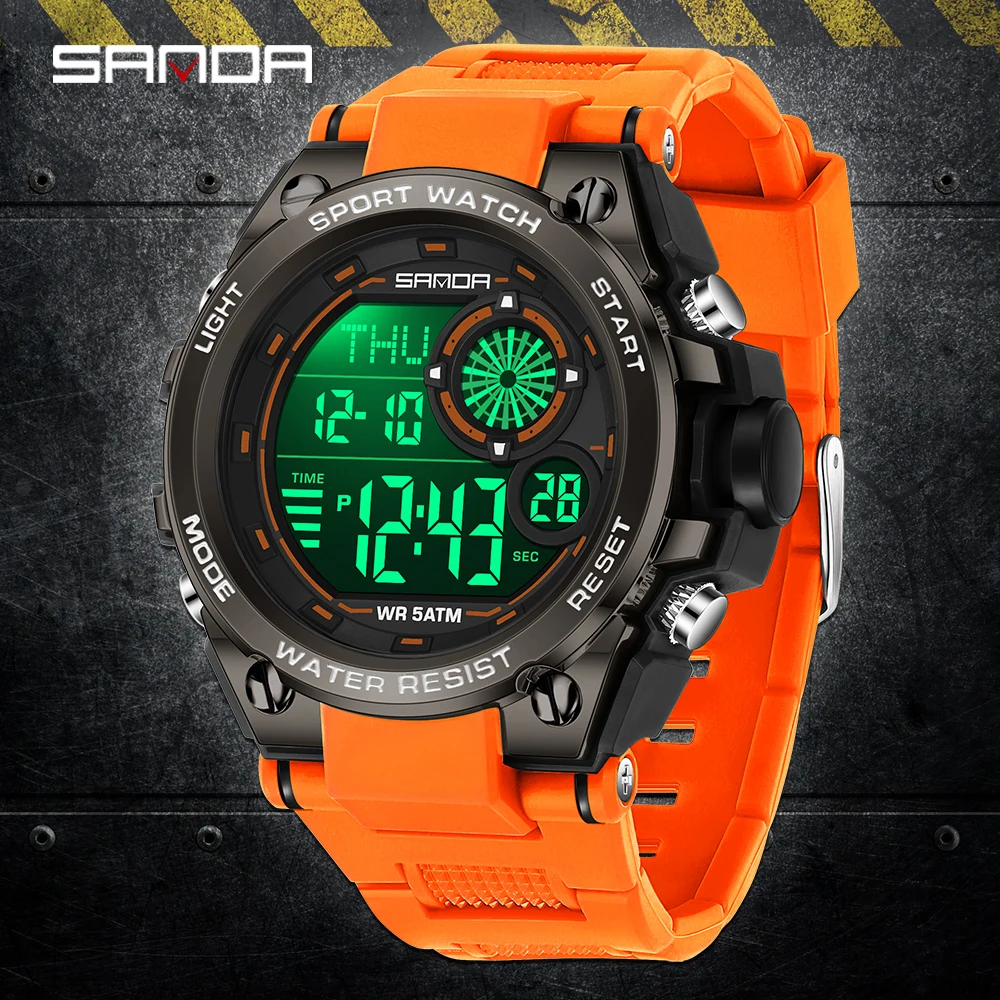 موضة SANDA العلامة التجارية الجديدة 6255 ساعة إلكترونية للرجال رياضية متعددة الوظائف إضاءة مقاومة للماء ضوء الليل ساعة إلكترونية للرجال