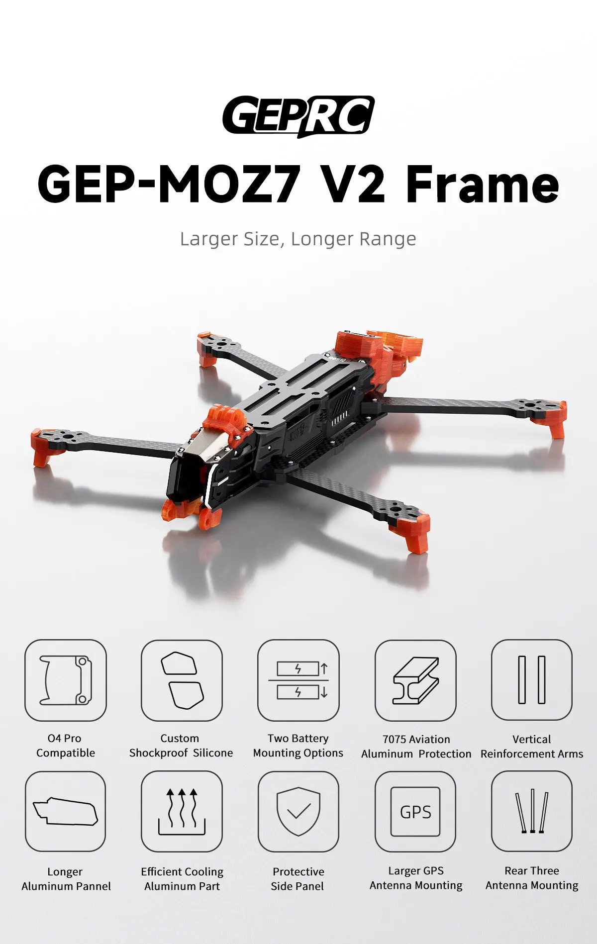 

GEPRC GEP-MOZ7 V2 Frame 7.5-inch Long-range Frame Designed for the O4 Air Unit Pro HD VTX and Supports 8-inch Propellers
