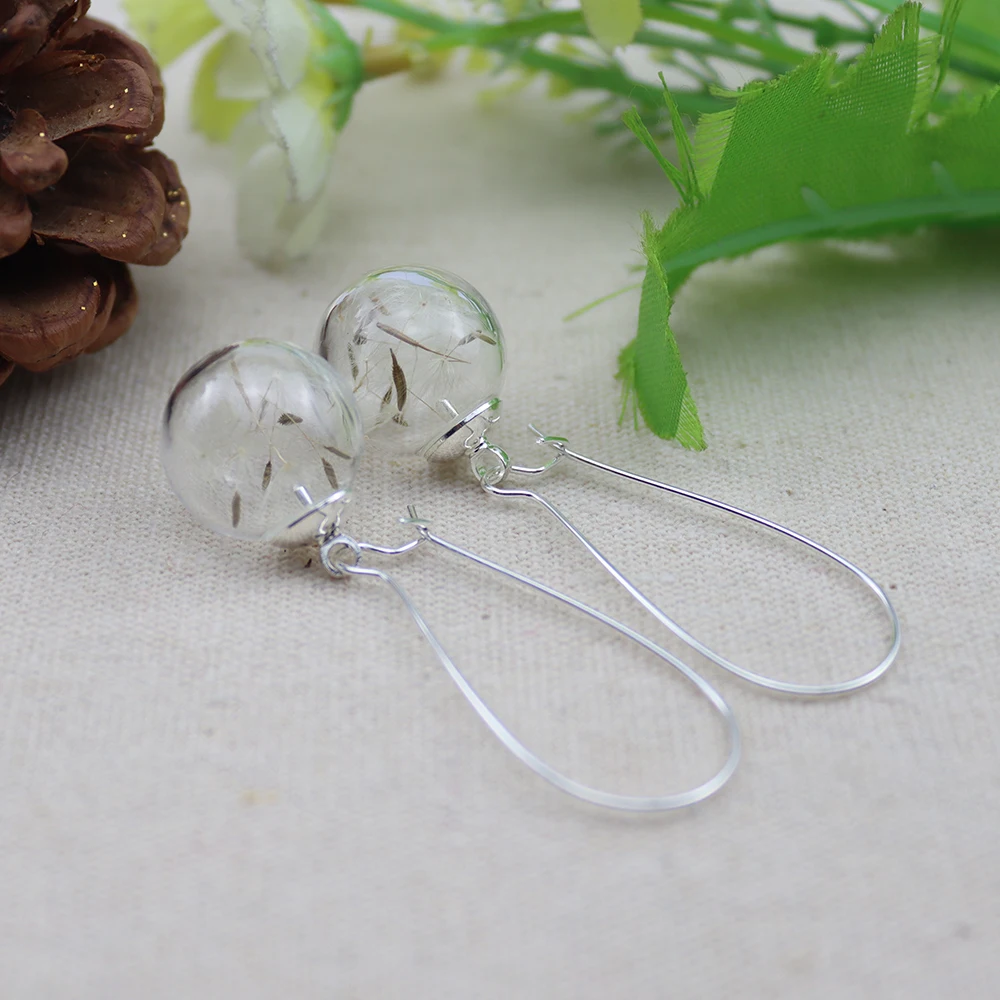 1Pair 16mm Ball Real Dandelion Glass Ball Earrings Jewelry For Women Girl Glass Bottle Earring Dangle Jewelry